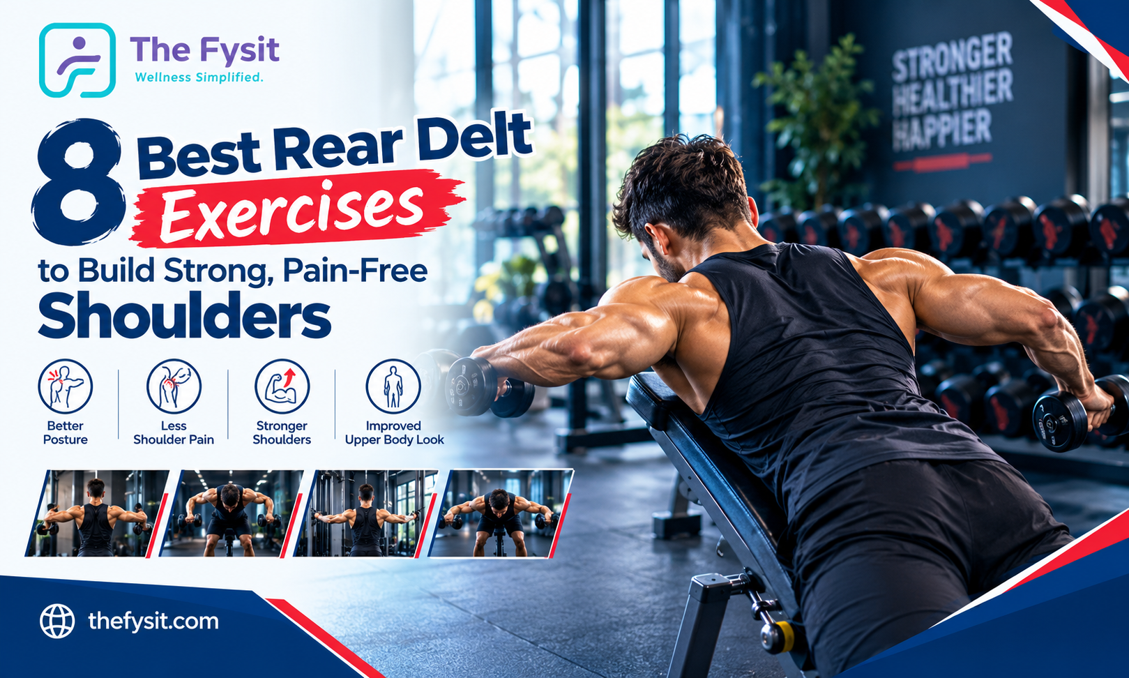 If you train your chest and the front of your shoulders more than your upper back, your shoulders may be paying the price. Many people notice a rounded posture, a tight neck, or a dull ache at the back of the shoulder, and the real problem is often weak rear delts. The good news is that rear delt exercises are simple to learn, need very little equipment, and can be done at home or in the gym. In this guide, our physiotherapists at The Fysit explain what the rear delts do, how to know if yours are weak, and the 8 best exercises to strengthen them safely. You will also find a ready-to-use weekly plan, common mistakes to avoid, and tips on when to see a physiotherapist. What Are Rear Delts? Your shoulder is covered by a large muscle called the deltoid. It has three parts: the front (anterior), the middle (lateral), and the back (posterior). The back part is what we call the rear delt, or posterior deltoid. It starts from the spine of your shoulder blade and attaches to the upper arm bone. Its main jobs are: Moving your arm backward, like when you reach back to pick up a bag from the back seat of a car Pulling your arm out to the side when it is bent forward Helping your shoulder rotate outward Keeping the shoulder joint steady during pulling and lifting The rear delt is a small muscle, but it works closely with the muscles around your shoulder blade, such as the rhomboids, the middle trapezius, and the rotator cuff. When all of them are strong, your shoulder moves smoothly. When the rear delt is weak, the other muscles have to work harder, and that is when strain and pain start. Why Rear Delt Exercises Matter Most of our daily life and gym routines are front-heavy. Typing, driving, scrolling on the phone, and even popular exercises like push-ups and the bench press all work the front of the body. Over time, the front of the shoulder becomes strong and tight, while the back becomes weak and stretched. Here is why training the rear delts is worth your time: Better posture. Strong rear delts help pull the shoulders back and keep them from rolling forward. This is especially useful if you sit at a desk for long hours. Healthier shoulder joints. A balanced shoulder is less likely to get irritated during overhead movements, pressing, or throwing. Better performance. A strong back of the shoulder improves your pulling strength, which helps in rows, pull-ups, swimming, cricket, badminton, and many other activities. Fuller, more balanced shoulders. If you train for looks, rear delts add width and shape when seen from the side and back. Signs Your Rear Delts May Be Weak You do not need a test to find out. Watch for these common signs: Your shoulders sit forward or look rounded when you stand relaxed You feel tired or achy between the shoulder blades after sitting for a while You get a pinching feeling at the front of the shoulder during pressing Your upper back feels stiff, and your neck feels tight by the end of the day Pulling movements like rows feel much harder than pushing movements If you notice several of these, adding rear delt work to your routine can help. If the pain is sharp or keeps getting worse, please get it checked by a physiotherapist first. Before You Start: Quick Safety Tips Warm up for 5 to 7 minutes with arm circles, shoulder rolls, and light band work Start with light weights. The rear delt is a small muscle and does not need heavy loads to work Move slowly and avoid swinging your body to lift the weight Stop if you feel sharp pain, pinching, tingling, or numbness If you have a past shoulder injury, surgery, or ongoing pain, speak to a physiotherapist before starting The 8 Best Rear Delt Exercises Bent-Over Dumbbell Reverse Fly This is the classic rear delt exercise and a great starting point. Equipment: a pair of light dumbbells How to do it: Stand with your feet shoulder-width apart and a slight bend in your knees. Hinge forward from your hips until your back is almost parallel to the floor. Keep your back straight. Let your arms hang down with your palms facing each other and a soft bend in your elbows. Lift both arms out to the sides until they reach shoulder height, as if you are opening your wings. Pause for a second, then lower slowly. Sets and reps: 3 sets of 12 to 15 reps Physio tip: Imagine pushing your hands apart rather than lifting them up. This keeps the work in your rear delts and not your neck. Face Pull The face pull is one of the most useful shoulder exercises for people who sit a lot. It works the rear delts and the muscles that rotate the shoulder outward. Equipment: cable machine with a rope, or a resistance band tied at face height How to do it: Set the cable or band at about eye level and hold the rope with both hands, palms facing in. Step back so your arms are straight in front of you. Pull the rope toward your face, spreading your hands apart as you pull. Keep your elbows high and finish with your hands beside your ears. Squeeze your shoulder blades together, then return slowly. Sets and reps: 3 sets of 12 to 15 reps Physio tip: Keep your ribs down and do not lean back. If your lower back arches, the weight is too heavy. Reverse Pec Deck (Rear Delt Machine) If your gym has this machine, it is one of the easiest ways to isolate the rear delts because the machine guides the movement for you. How to do it: Sit facing the pad with your chest supported against it. Adjust the seat so the handles are at shoulder height. Hold the handles with your arms almost straight. Move your arms backward in a wide arc until your hands are in line with your shoulders. Hold for one to two seconds, then return slowly. Sets and reps: 3 sets of 10 to 15 reps Physio tip: Do not let the weight stack drop at the end of each rep. The slow return is where a lot of the strength is built. Band Pull-Apart This is the best rear delt exercise for home. All you need is a resistance band, and it takes less than two minutes. Equipment: resistance band How to do it: Hold the band in front of you at chest height with your hands about shoulder-width apart and your arms straight. Pull the band apart by moving your hands out to the sides. Stop when the band touches your chest or your arms are in a straight line with your shoulders. Return slowly. Sets and reps: 3 sets of 15 to 20 reps Physio tip: Keep your shoulders down and away from your ears. Pick a lighter band if your shoulders shrug up. Incline Bench Reverse Fly Lying face down on an incline bench supports your body, so you can focus fully on the rear delts without worrying about your lower back. Equipment: incline bench and light dumbbells How to do it: Set the bench at a 30 to 45 degree angle and lie face down with your chest on the pad. Let your arms hang straight down, holding the dumbbells with palms facing each other. Lift your arms out to the sides until they are level with your shoulders. Lower under control. Sets and reps: 3 sets of 12 to 15 reps Physio tip: Keep your head relaxed and in line with your spine. Looking up strains the neck. Prone Y-T-W Raises This is a great bodyweight option that trains the rear delts along with the muscles around the shoulder blades. It is often used in physiotherapy because it is gentle and effective. Equipment: none (add very light dumbbells later) How to do it: Lie face down on the floor or a bed with your forehead resting on a folded towel. For the Y: raise both arms overhead in a Y shape with thumbs pointing up, lift a few inches off the floor, hold, and lower. For the T: place your arms straight out to the sides in a T shape, lift, hold, and lower. For the W: bend your elbows into a W shape, lift, squeeze your shoulder blades, and lower. Sets and reps: 2 rounds of 8 to 10 reps for each letter Physio tip: The movement is small. Lifting just a few inches with good control is better than lifting high with a shaky arm. Wide-Grip Seated Cable Row Rows work many muscles at once, and a wide grip shifts more of the effort to the rear delts and upper back. Equipment: cable row machine with a straight bar or wide handle How to do it: Sit tall with your knees slightly bent and hold the bar with a wide, overhand grip. Pull the bar toward your upper stomach, letting your elbows flare out to the sides. Squeeze your shoulder blades together at the end. Return slowly until your arms are straight, without letting your shoulders round forward. Sets and reps: 3 sets of 10 to 12 reps Physio tip: Avoid leaning far back to finish the pull. Your body should stay tall throughout. Side-Lying External Rotation This one is less about heavy lifting and more about shoulder control. It strengthens the rear delt along with the small rotator cuff muscles that keep your shoulder joint stable. Equipment: a very light dumbbell (or a water bottle) and a small rolled towel How to do it: Lie on your side with your elbow bent at 90 degrees and your upper arm resting against your body. Place the rolled towel between your elbow and your waist. Hold the weight and, keeping the elbow pinned to the towel, rotate your forearm upward toward the ceiling. Pause, then lower slowly. Sets and reps: 2 to 3 sets of 12 to 15 reps on each side Physio tip: Use a very light weight. This muscle group is small, and good form matters more than load. Sample Weekly Rear Delt Plan You do not need a separate shoulder day. Two to three short sessions a week are enough for most people. Beginner (home-based): Do band pull-aparts, prone Y-T-W raises, and side-lying external rotations on two days a week. Rest at least one day in between. Intermediate (gym or home with dumbbells): Pick any three exercises from the list, such as bent-over reverse fly, face pulls, and incline bench reverse fly. Do them two to three times a week at the end of your upper-body workout. Advanced: Add the reverse pec deck and wide-grip cable row, and slowly increase the weight or reps every one to two weeks. A simple rule: when you can complete all your sets and reps with perfect form, add a little more weight or a few more reps. Do not rush it. Common Mistakes to Avoid Using weights that are too heavy. This is the most common mistake. Heavy weights make you swing your body and use your neck and lower back instead of your rear delts. Shrugging your shoulders. If your shoulders rise toward your ears, your upper trapezius is taking over. Keep your shoulders down and relaxed. Rushing the reps. Fast, jerky reps reduce the muscle work. Lift in about two seconds and lower in about three. Ignoring the rest of the shoulder. Rear delts work best when the shoulder blade muscles and rotator cuff are also strong. Mix in rows and rotation work for complete shoulder health. Training through pain. Muscle fatigue is normal. Sharp, pinching, or radiating pain is not. Stop and get advice. When Should You See a Physiotherapist? Exercise helps most shoulder weakness, but some symptoms need a proper assessment. Please book a visit if you notice: Shoulder pain that lasts more than two weeks Pain at night or when lifting your arm overhead A clicking, catching, or pinching feeling during movement Weakness or reduced range of motion after an injury Tingling or numbness in the arm or hand A physiotherapist can find out whether the problem comes from weak muscles, poor posture, a tight neck, or an injury, and give you a plan that fits your body and lifestyle. Strengthen Your Shoulders with The Fysit At The Fysit, our physiotherapists help people of all ages recover from shoulder pain, improve posture, and return to sports and everyday activities with confidence. Whether you are an office professional dealing with a stiff upper back or an athlete who wants stronger shoulders, we build exercise plans that match your needs. You can visit us at our clinics in Kasturi Nagar, Sadanandanagar, and Brookefield in Bangalore. Book an appointment today and take the first step toward stronger, pain-free shoulders. Conclusion Rear delt exercises are a small addition to your routine with a big payoff. They improve posture, protect your shoulder joints, and help you move and lift better. Start with two or three exercises from this list, use light weights, focus on slow and controlled movement, and build up gradually. Stay consistent for a few weeks, and you will feel the difference in how your shoulders move and sit. If you are unsure where to begin or already have shoulder pain, a physiotherapist can guide you safely. Disclaimer: This article is for general information and is not a substitute for professional medical advice. Please consult a qualified physiotherapist or doctor before starting a new exercise program, especially if you have pain or an existing injury. Frequently Asked Questions What are the best rear delt exercises for beginners? Band pull-apart, bent-over dumbbell reverse flies with light weights, and prone Y-T-W raises are the best starting points. They are easy to learn and put very little stress on the joints. How often should I train my rear delts? Two to three times a week is enough for most people. The rear delts recover quickly, so short and regular sessions work better than one long session. Can I train rear delts at home without equipment? Yes. Prone Y-T-W raises and side-lying external rotations need no equipment. A simple resistance band opens up many more options, such as band pull-aparts and band face pulls. How many reps and sets should I do for rear delts? Most people do well with 2 to 3 sets of 12 to 15 reps. Choose a weight that feels challenging in the last few reps but still lets you keep good form. Why can't I feel my rear delts working? This usually happens because the weight is too heavy or the traps and neck are taking over. Lower the weight, keep your shoulders down, move slowly, and focus on pushing your hands apart. Do rear delt exercises help with posture? Yes. Strong rear delts and upper back muscles help pull the shoulders back and reduce the rounded-shoulder look that comes from long hours of sitting. They work best when combined with regular movement breaks and good desk habits. Are rear delt exercises safe if I have shoulder pain? It depends on the cause of the pain. Some gentle exercises can help, but the wrong movement can make certain injuries worse. It is best to get assessed by a physiotherapist before you begin.